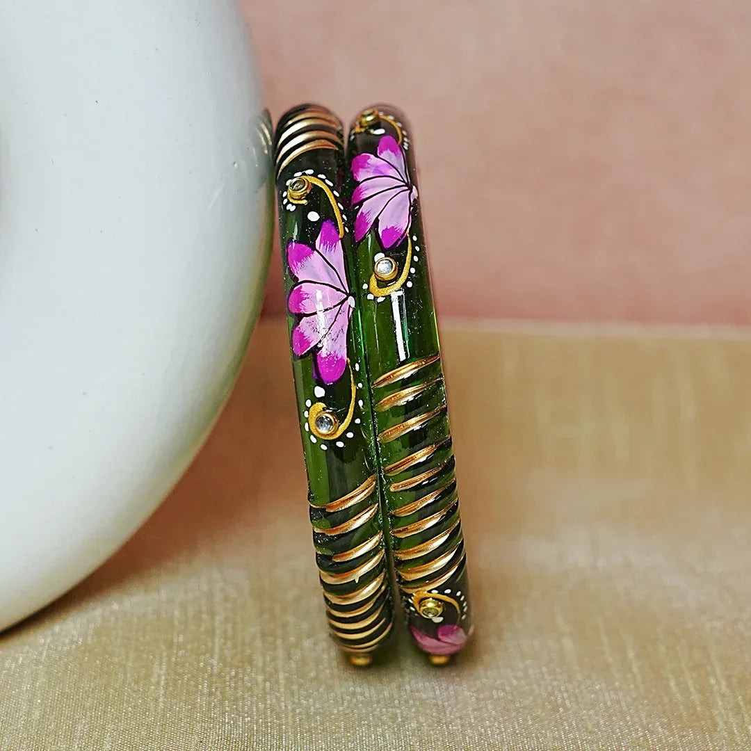 Handcrafted Lotus Printed Pattern Glass Kada for Women (Pack of 2) - The Golden Cascade